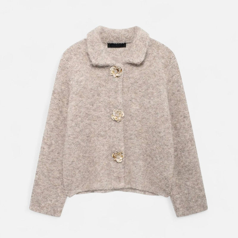 Cardigã Floral Feminino com Botões - Estilo Elegante e Delicado Bege