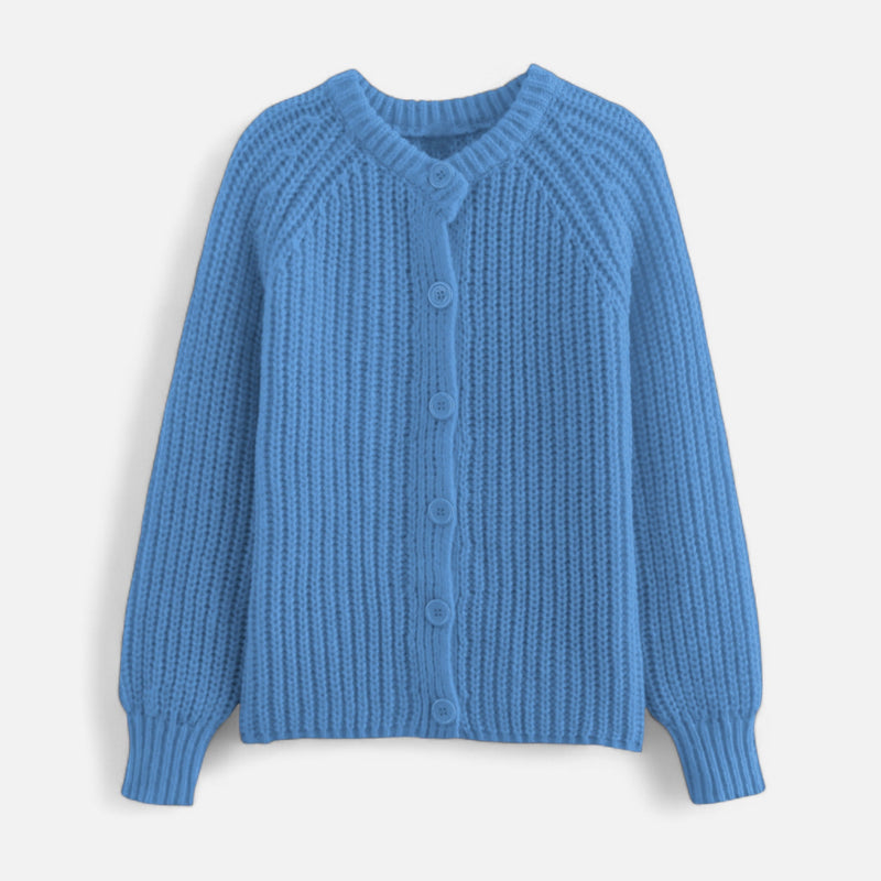 Cardigã de Tricô Vintage com Gola Redonda Azul Nevoeiro
