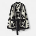 Cardigan Feminino 100% Cashmere com Franjas – Elegância Vintage em Jacquard Preto Tamanho único