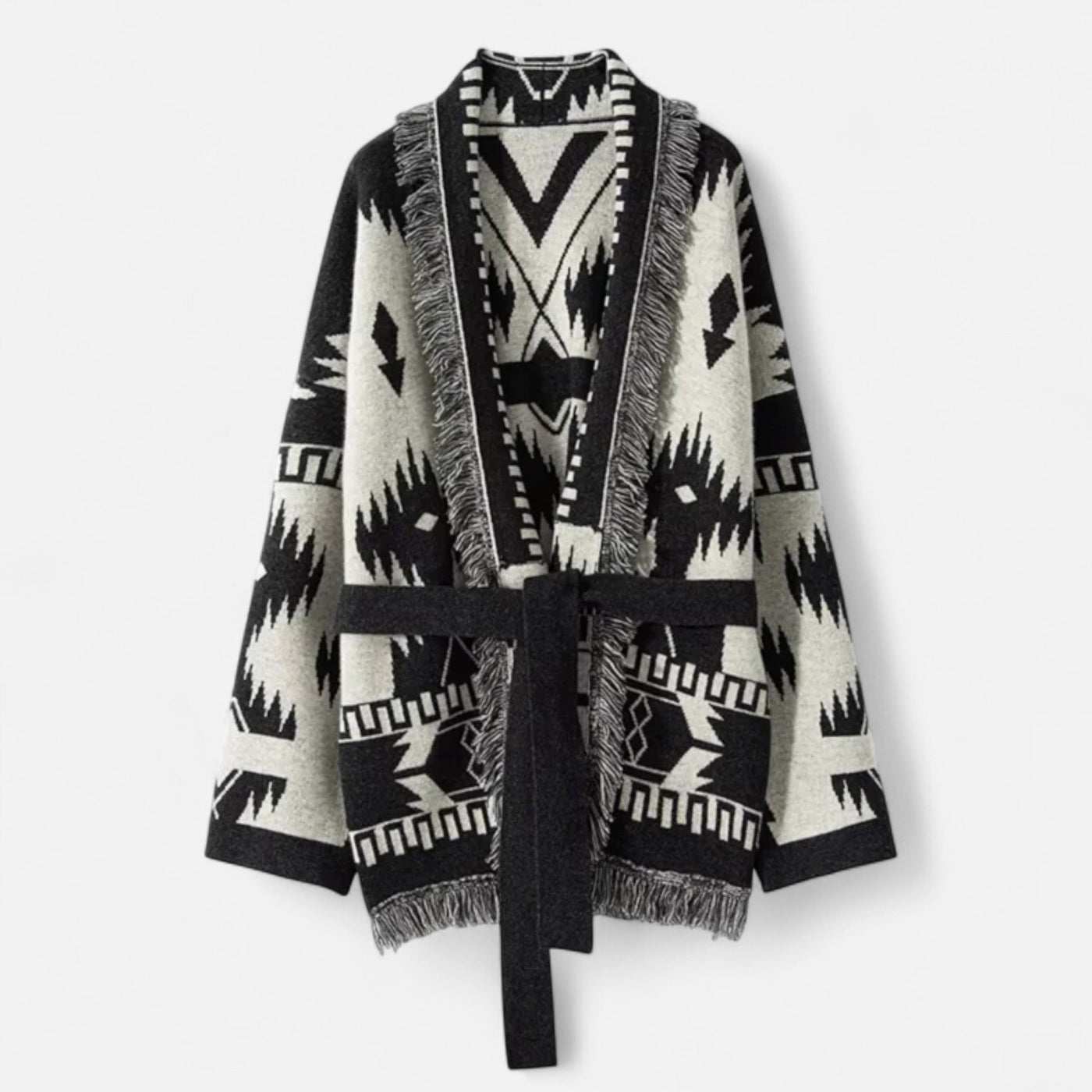 Cardigan Feminino 100% Cashmere com Franjas – Elegância Vintage em Jacquard Preto Tamanho único