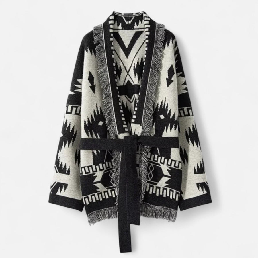 Cardigan Feminino 100% Cashmere com Franjas – Elegância Vintage em Jacquard Preto Tamanho único