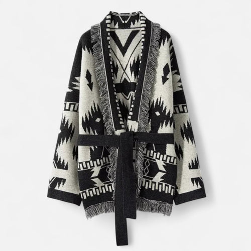 Cardigan Feminino 100% Cashmere com Franjas – Elegância Vintage em Jacquard Preto Tamanho único