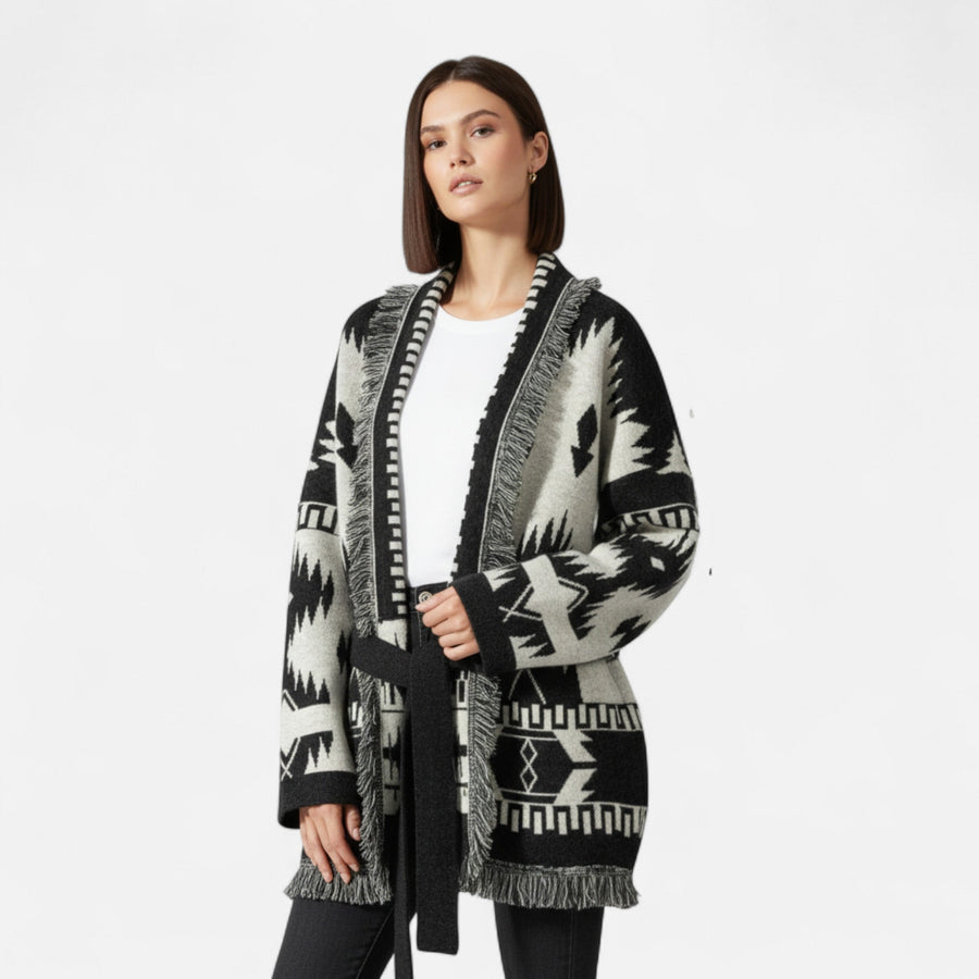 Cardigan Feminino 100% Cashmere com Franjas – Elegância Vintage em Jacquard