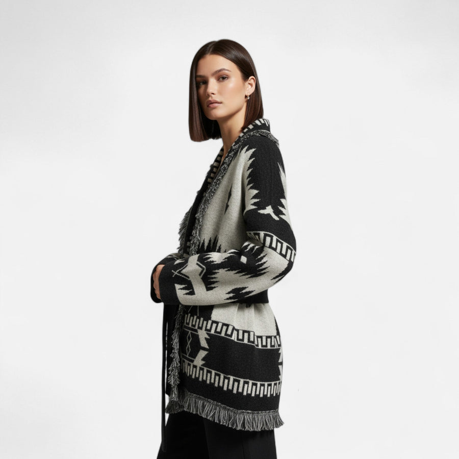 Cardigan Feminino 100% Cashmere com Franjas – Elegância Vintage em Jacquard
