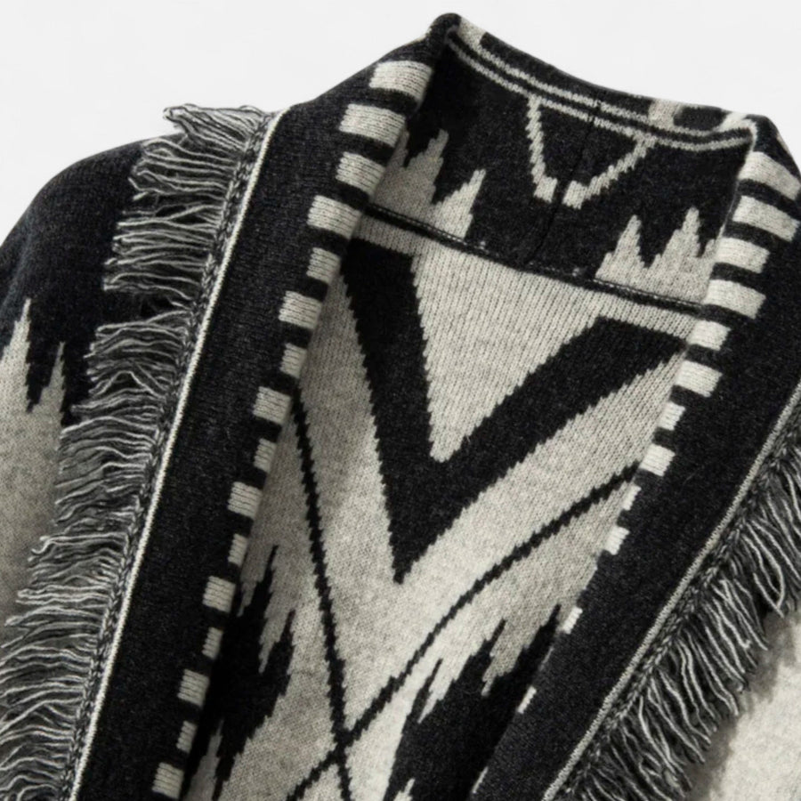 Cardigan Feminino 100% Cashmere com Franjas – Elegância Vintage em Jacquard