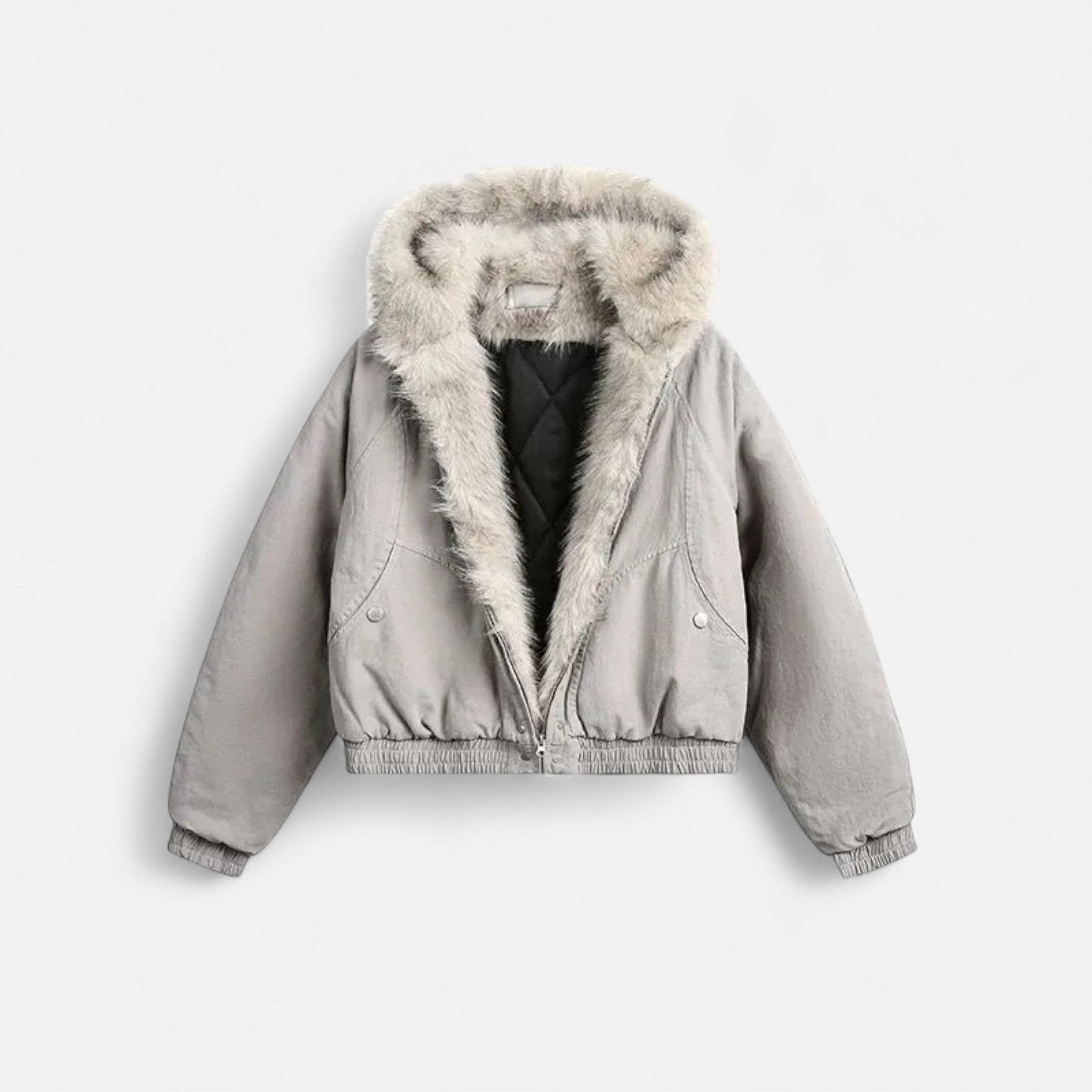 Casaco Feminino de Inverno com Capuz – Estilo Vintage e Gola de Pele Cinza