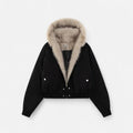 Casaco Feminino de Inverno com Capuz – Estilo Vintage e Gola de Pele Preto