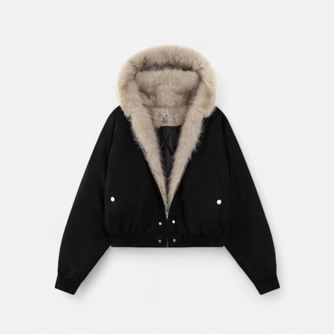Casaco Feminino de Inverno com Capuz – Estilo Vintage e Gola de Pele Preto