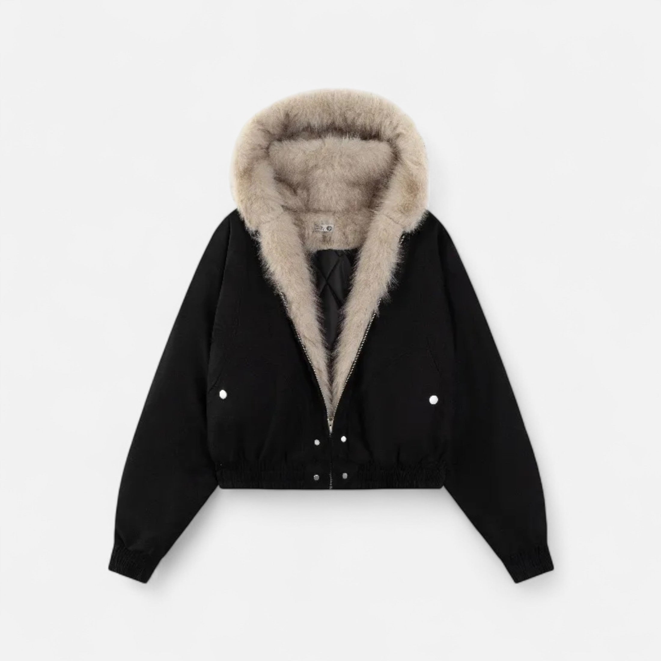 Casaco Feminino de Inverno com Capuz – Estilo Vintage e Gola de Pele Preto