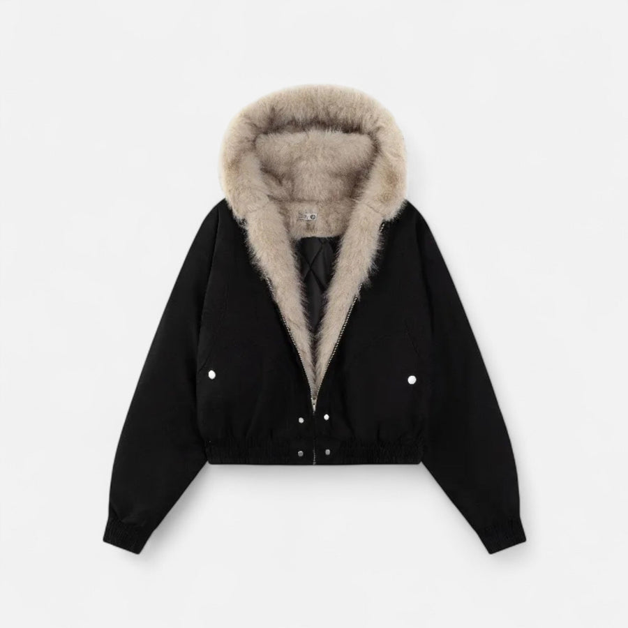 Casaco Feminino de Inverno com Capuz – Estilo Vintage e Gola de Pele Preto