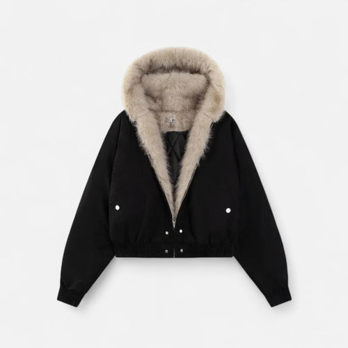 Casaco Feminino de Inverno com Capuz – Estilo Vintage e Gola de Pele Preto