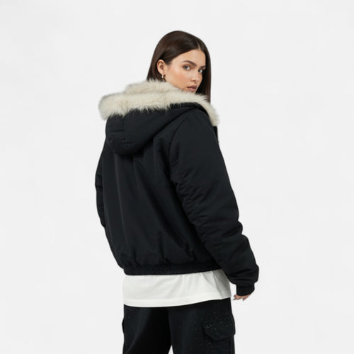 Casaco Feminino de Inverno com Capuz – Estilo Vintage e Gola de Pele