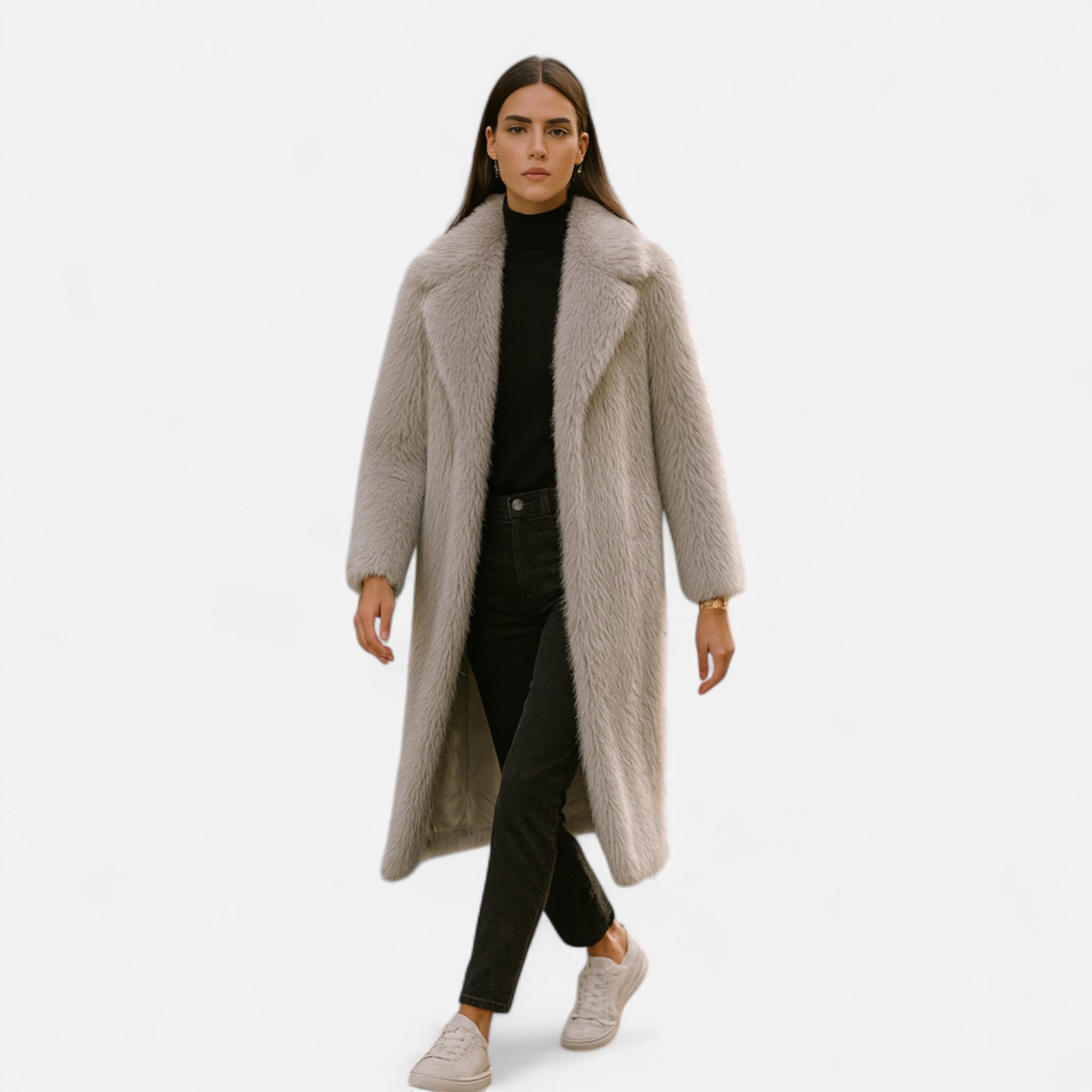Casaco Longo Feminino de Pelúcia Falsa