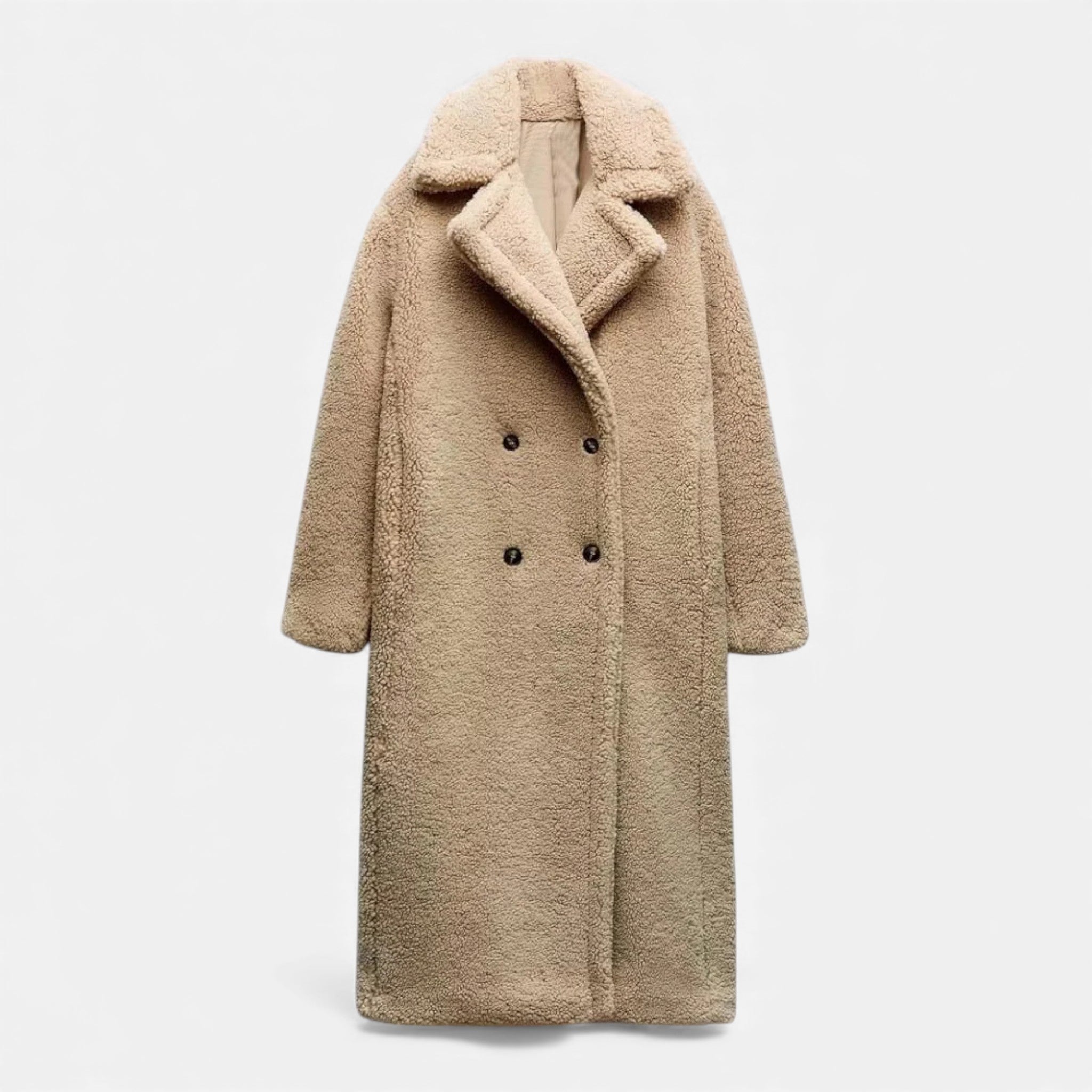 Casaco Teddy Duplo Feminino de Comprimento Longo Caqui