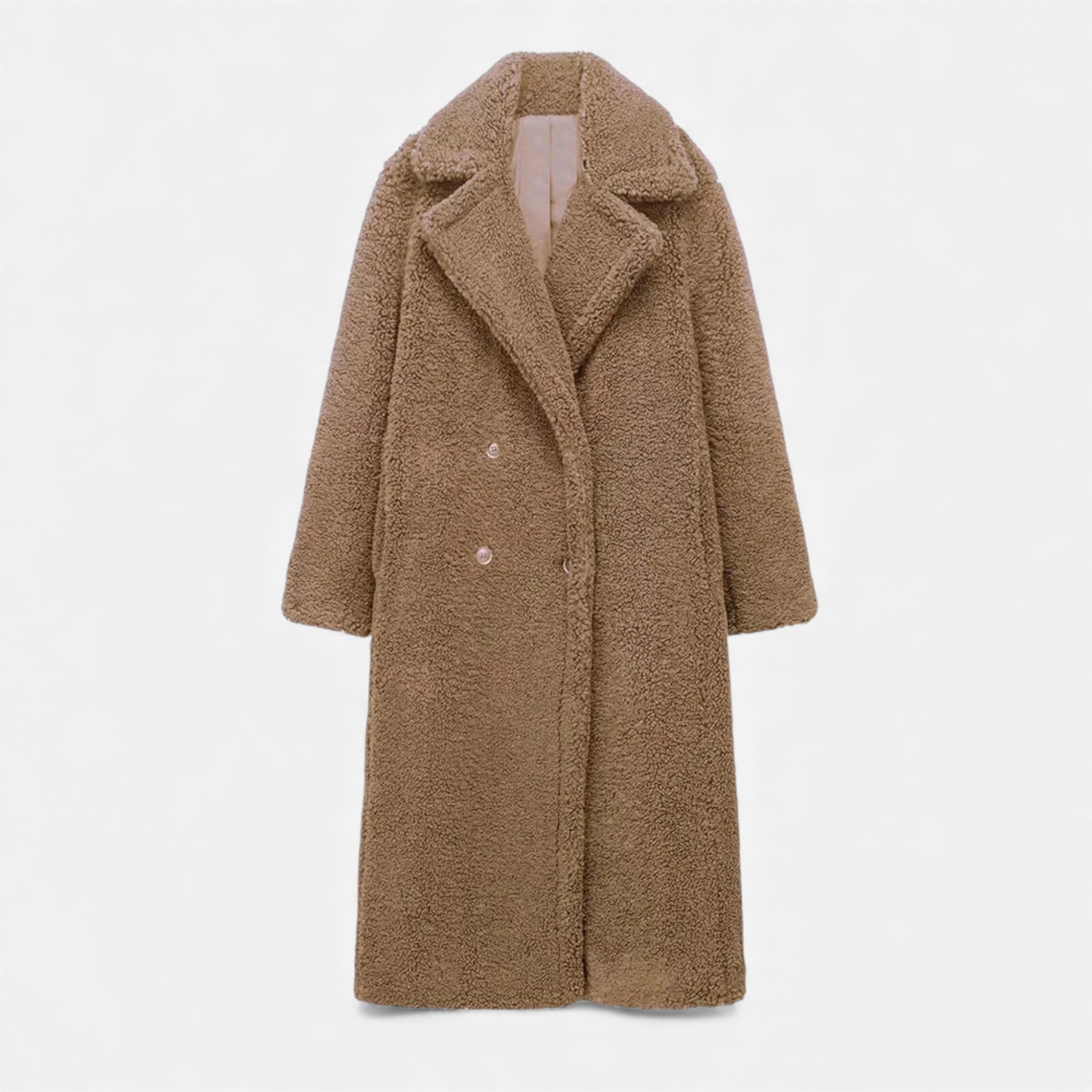 Casaco Teddy Duplo Feminino de Comprimento Longo Marrom