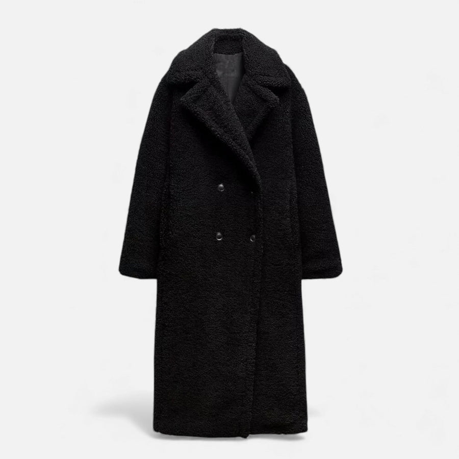 Casaco Teddy Duplo Feminino de Comprimento Longo Preto