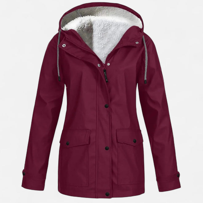 Casaco de Esqui à Prova de Vento com Capuz para Mulheres em Veludo Plush Burgundy