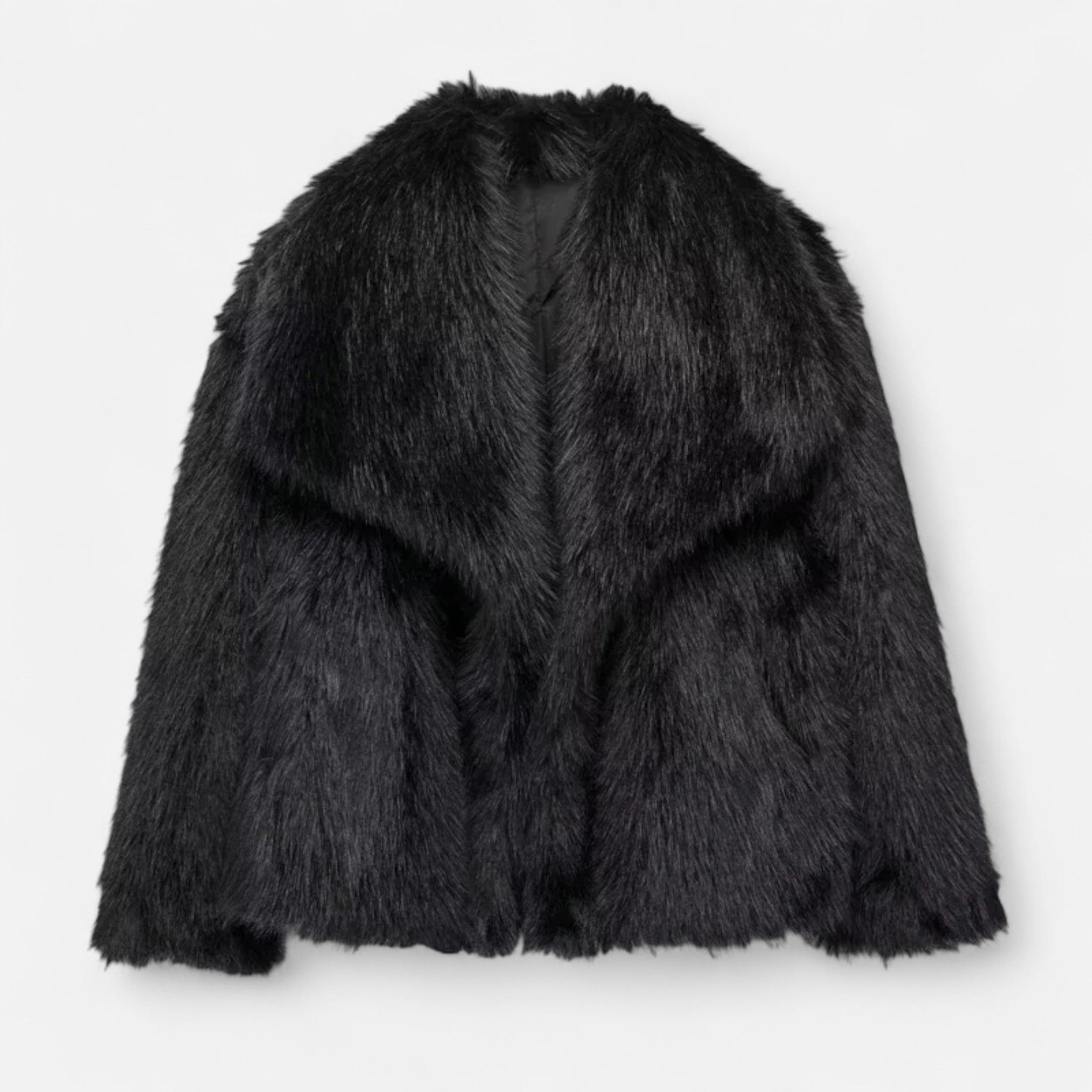 Casaco de Inverno Luxuoso em Pelo Sintético para Mulheres Preto