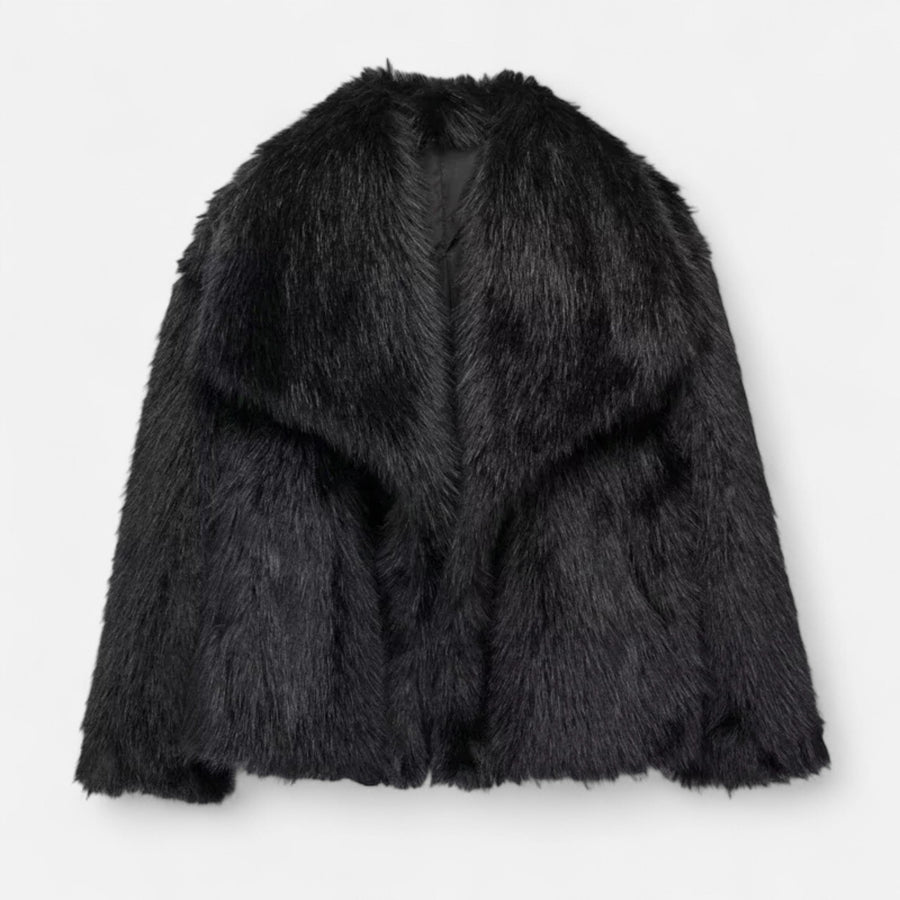 Casaco de Inverno Luxuoso em Pelo Sintético para Mulheres Preto