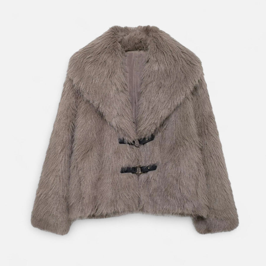 Casaco de Pele Sintética Feminino – Elegância de Rua no Inverno Café