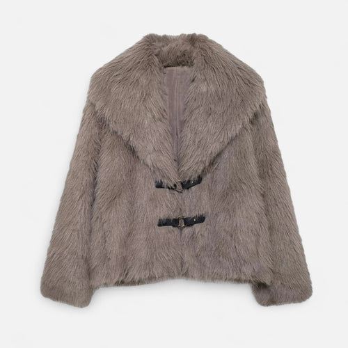 Casaco de Pele Sintética Feminino – Elegância de Rua no Inverno Café