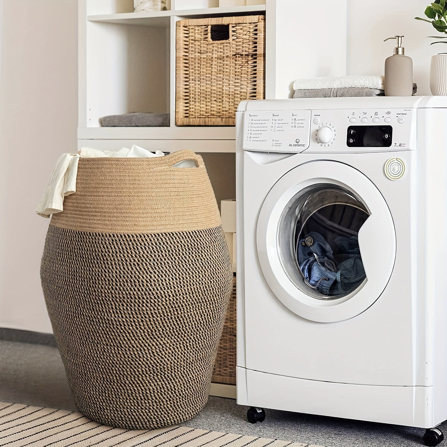 Cesto Grande de Vime Trançado – Armazenamento Elegante e Resistente para Lavanderia