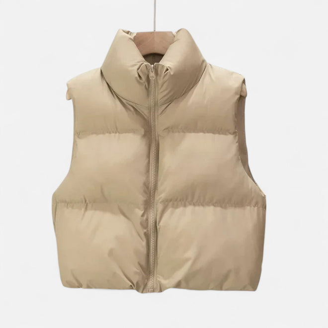 Colete de Inverno Elegante com Cintura Alta para Mulheres Caqui