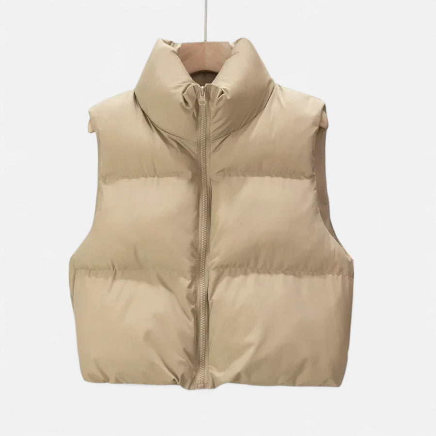 Colete de Inverno Elegante com Cintura Alta para Mulheres Caqui