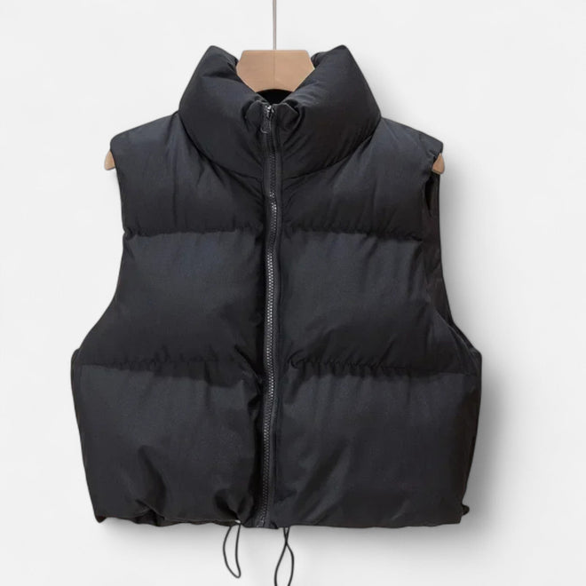 Colete de Inverno Elegante com Cintura Alta para Mulheres Preto