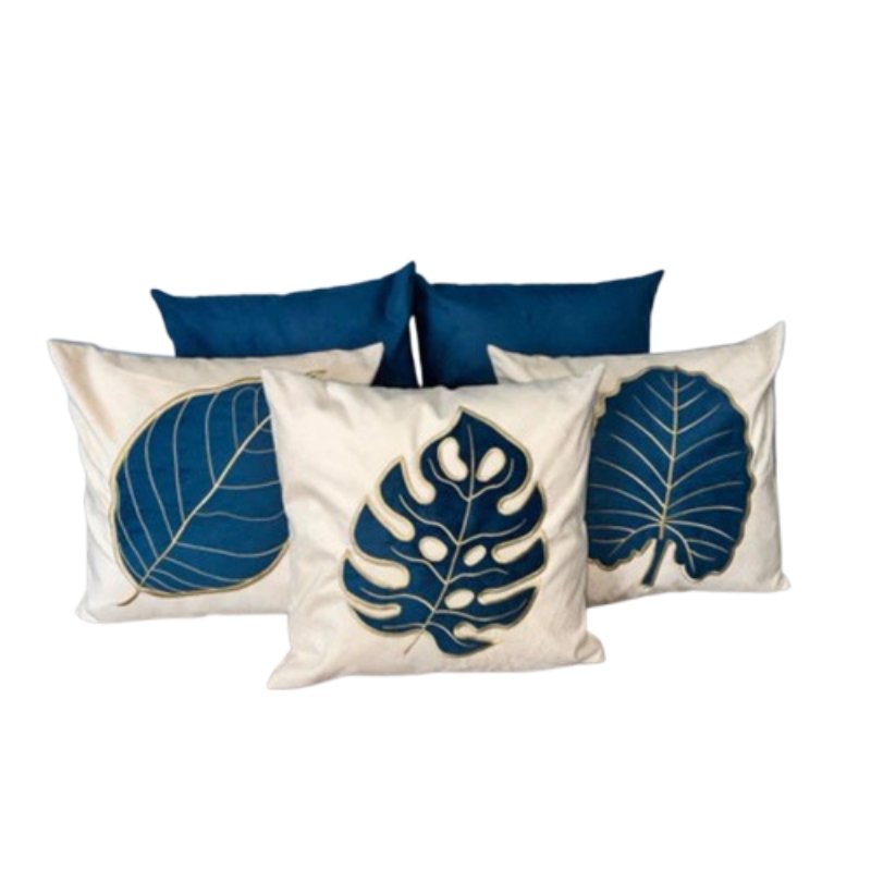 Conjunto com 5 Capas de Almofada Bordadas no Estilo Boho Chic Bege e azul