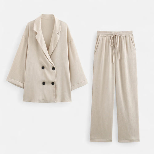 Conjunto de Blazer e Calças Amassadas Feminino – Elegância Escultural para o Outono Bege