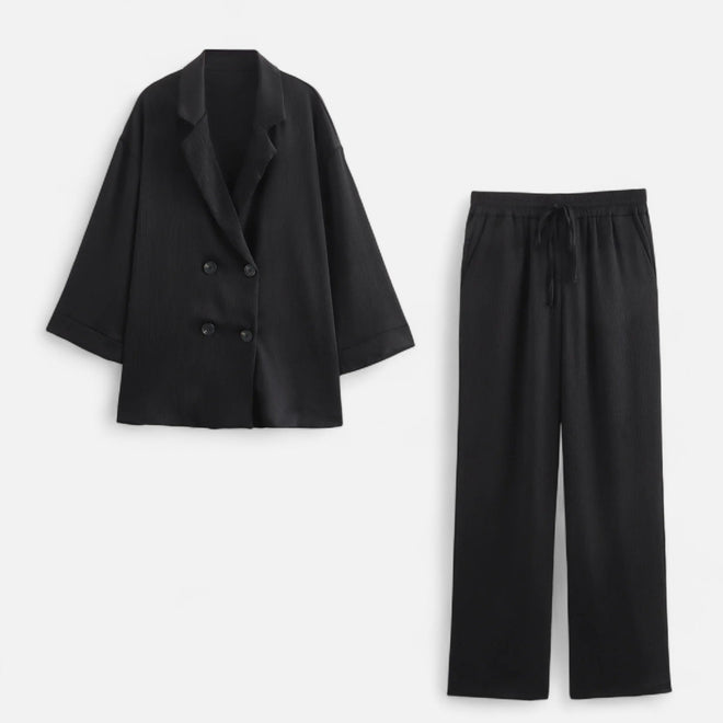 Conjunto de Blazer e Calças Amassadas Feminino – Elegância Escultural para o Outono Preto