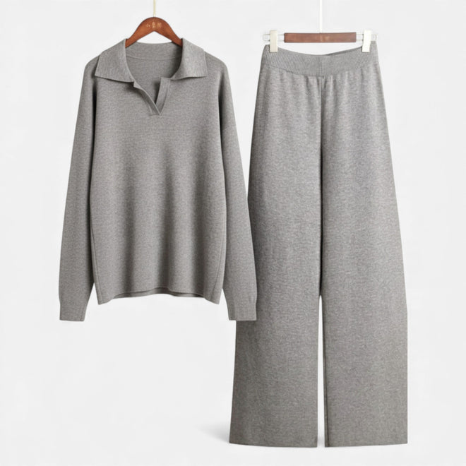 Conjunto de Lounge em Toque de Cashmere para Mulheres com Elegante Detalhe em Tricô Cinza