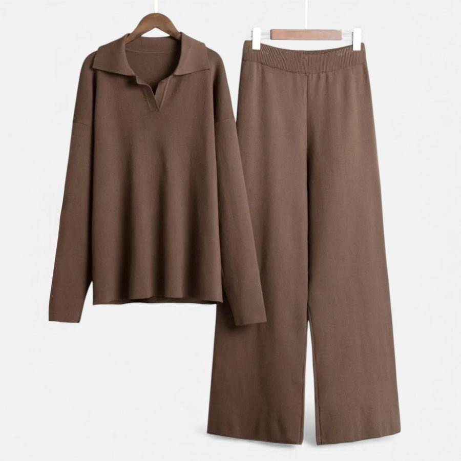Conjunto de Lounge em Toque de Cashmere para Mulheres com Elegante Detalhe em Tricô Marrom