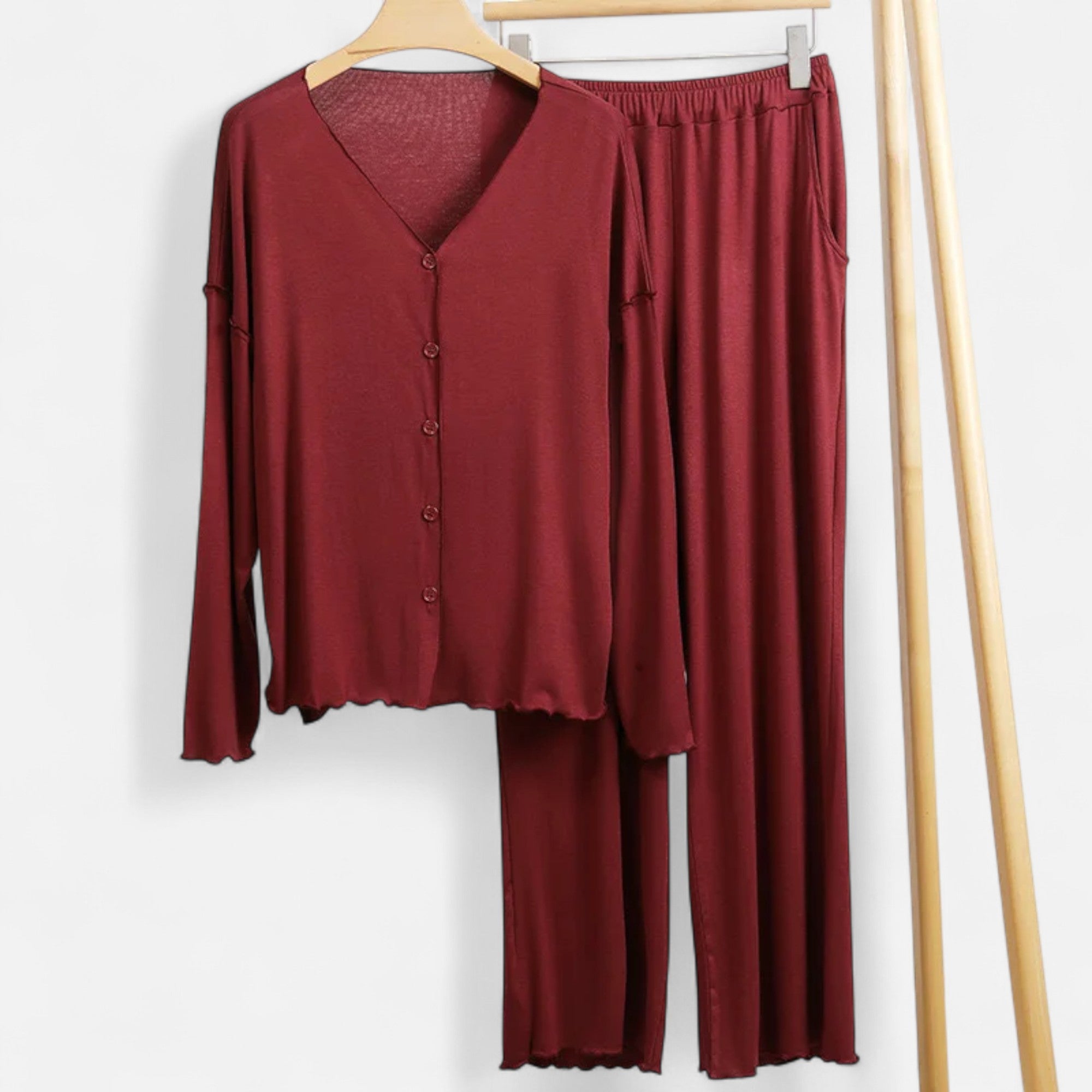 Conjunto de Loungewear de Dois Peças para Mulheres com Toque de Cashmere Vermelho Vinho Tamanho Único