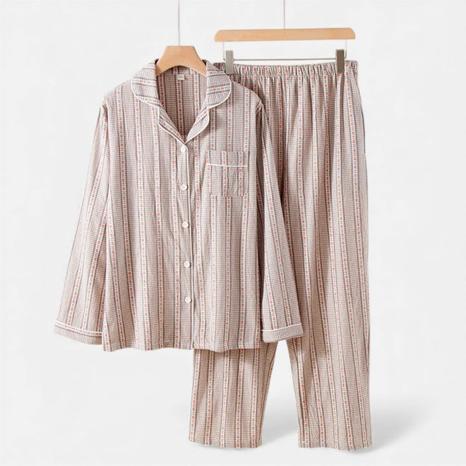 Conjunto de Pijama de Algodão Puro com Estilo Cardigã para Mulheres Marrom Claro