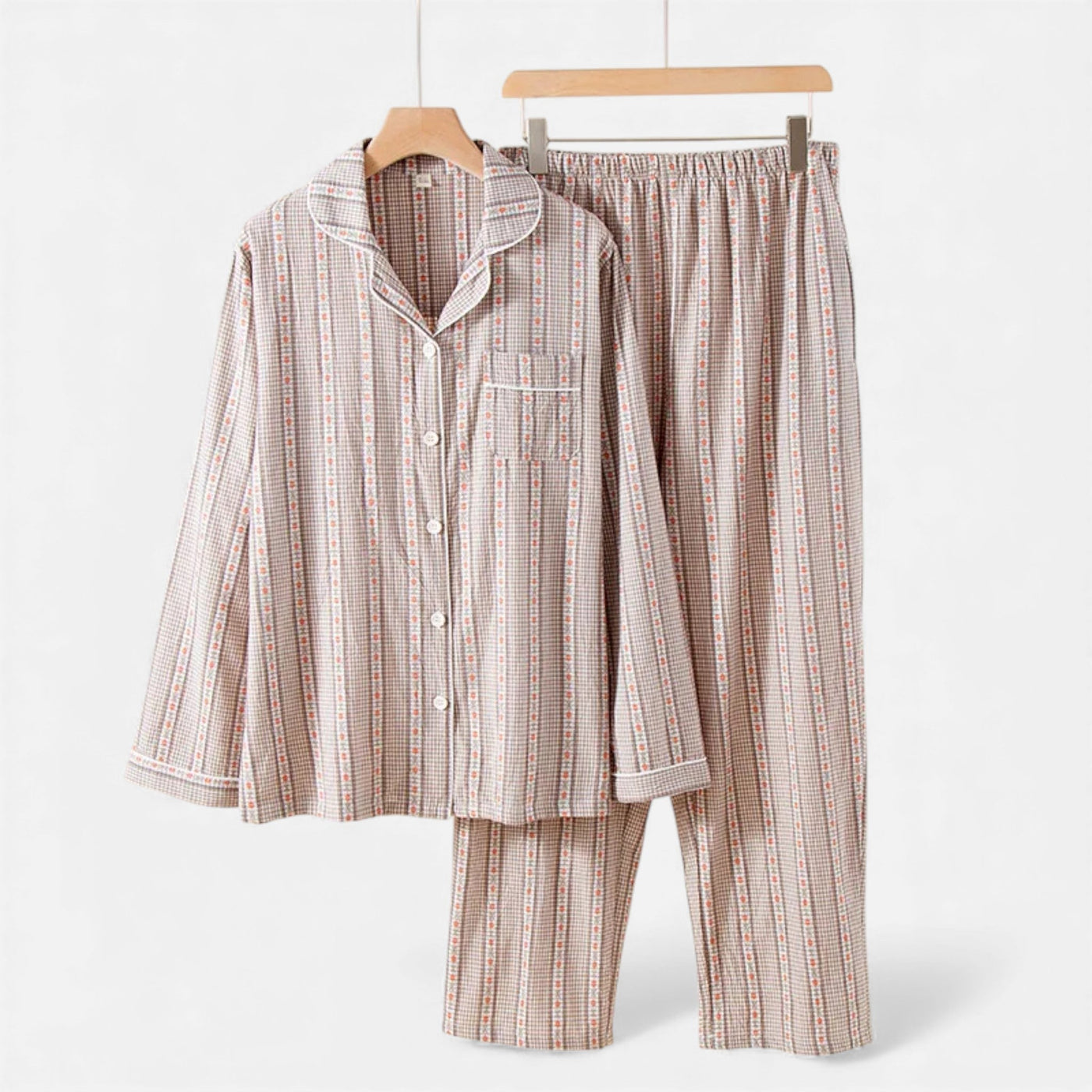 Conjunto de Pijama de Algodão Puro com Estilo Cardigã para Mulheres Marrom Claro