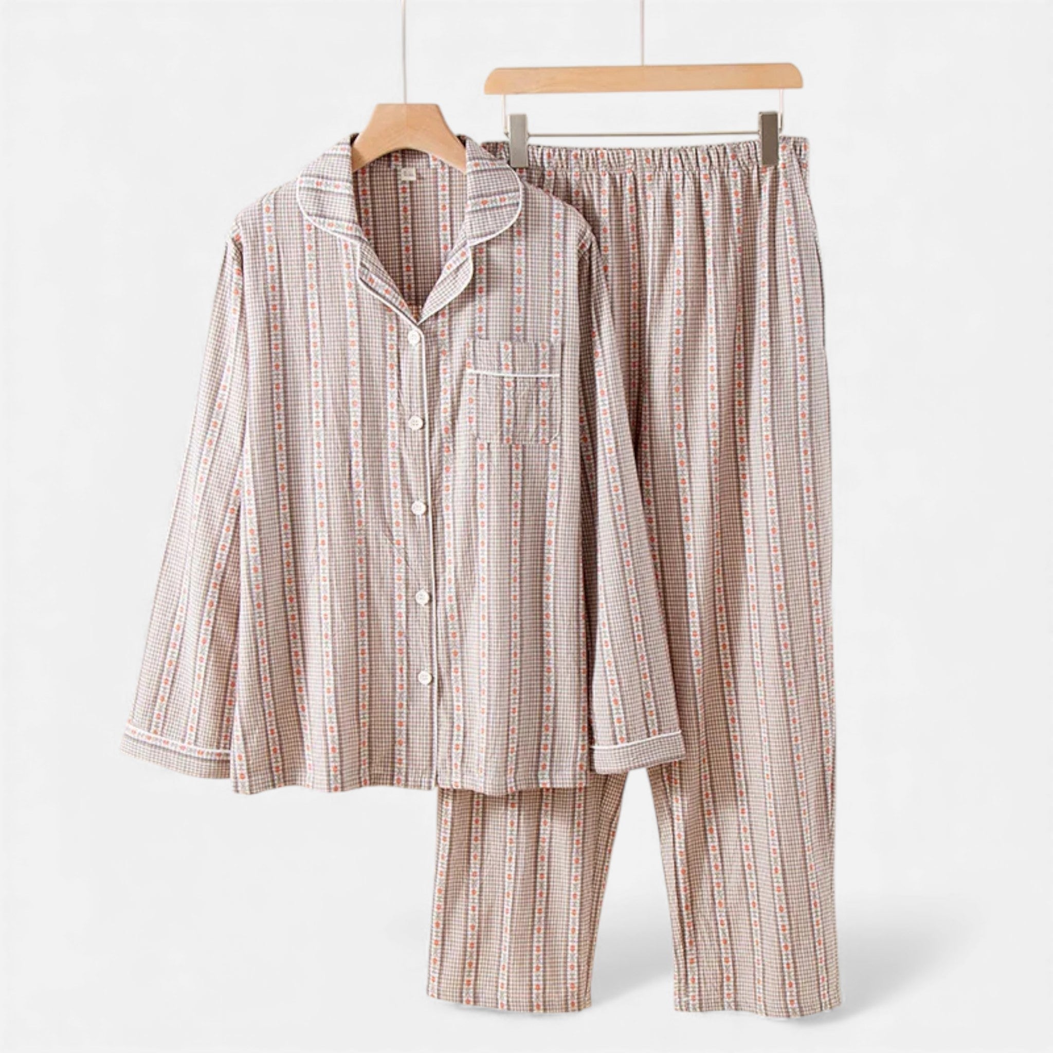Conjunto de Pijama de Algodão Puro com Estilo Cardigã para Mulheres Marrom Claro