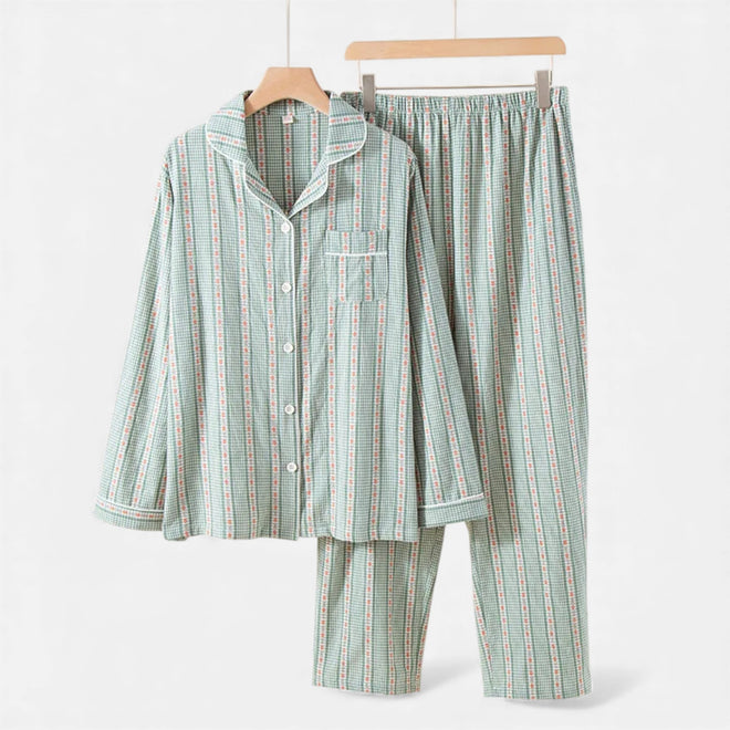 Conjunto de Pijama de Algodão Puro com Estilo Cardigã para Mulheres Verde Menta