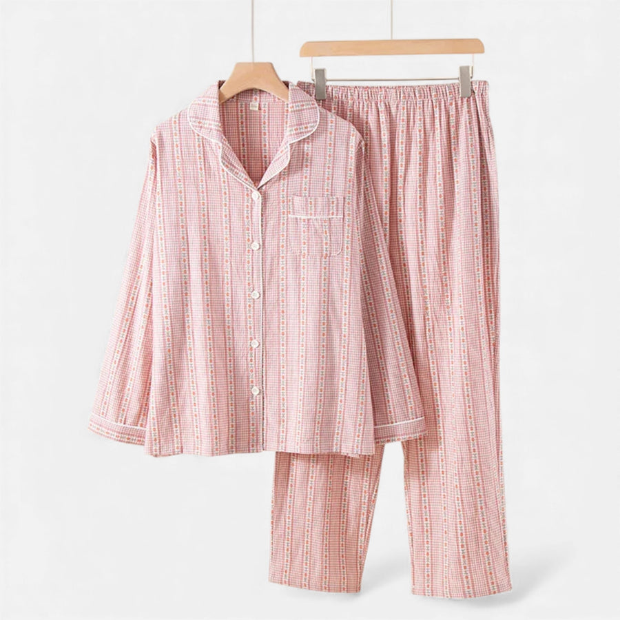 Conjunto de Pijama de Algodão Puro com Estilo Cardigã para Mulheres Vermelho