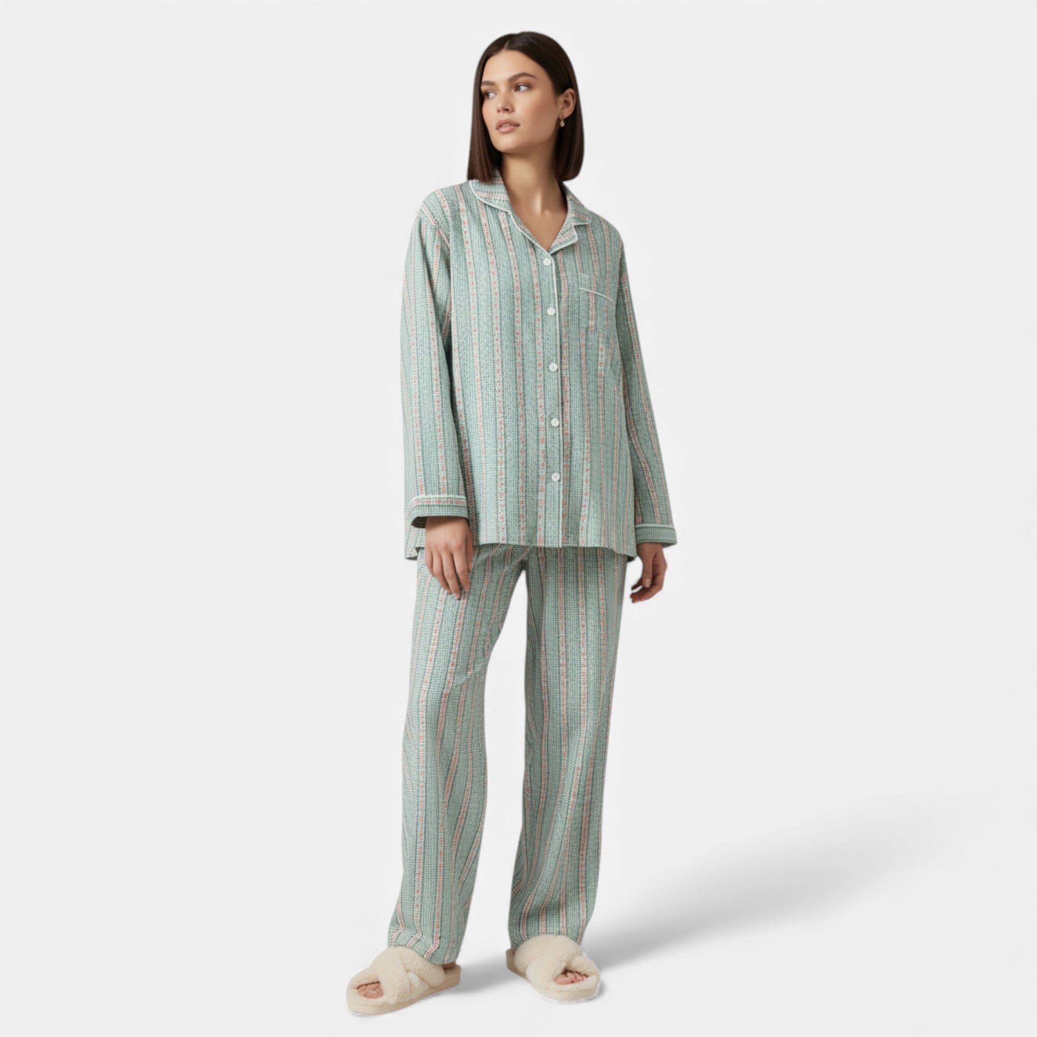 Conjunto de Pijama de Algodão Puro com Estilo Cardigã para Mulheres