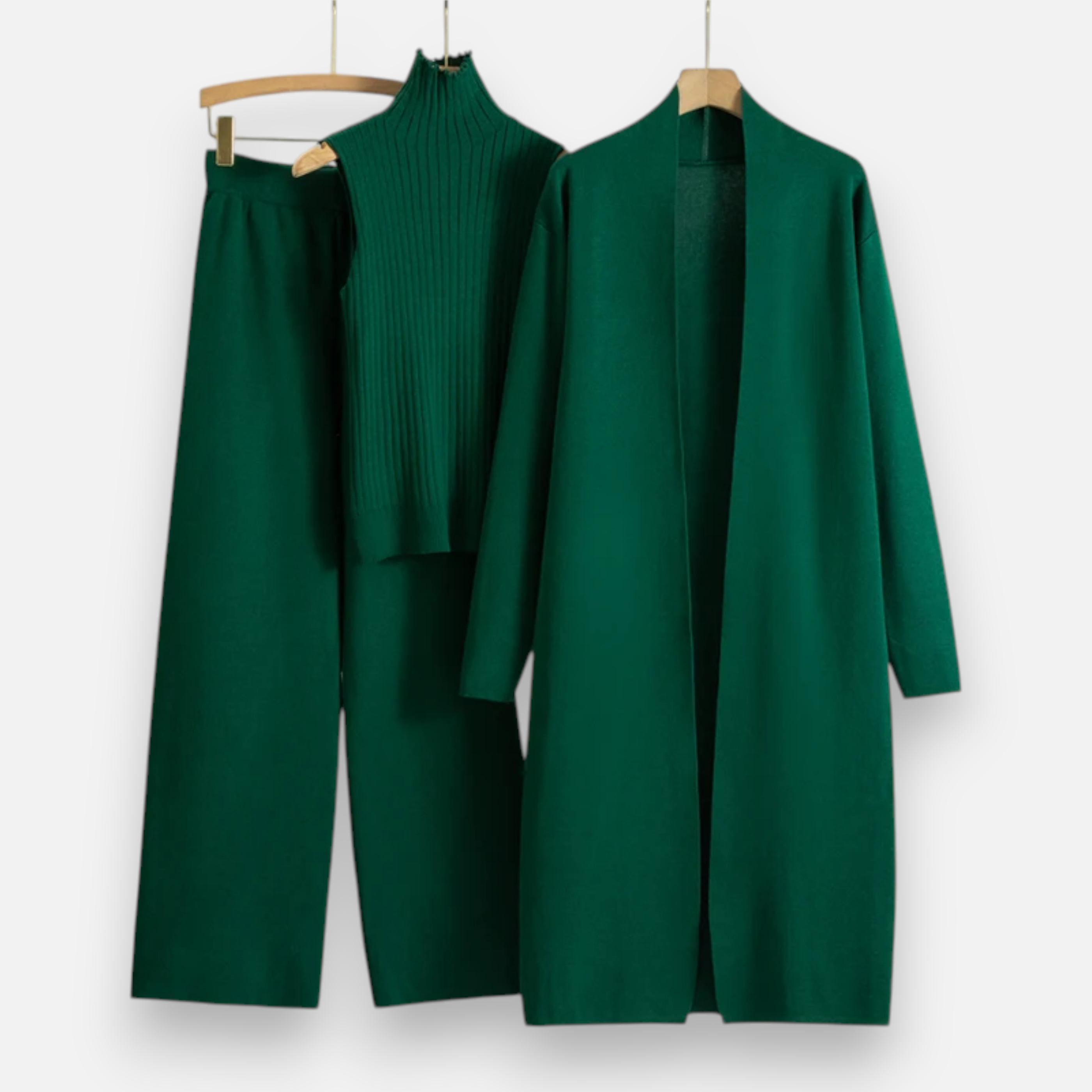 Conjunto de Três Peças de Cardigã em Malha para Mulheres Verde Escuro Tamanho Único