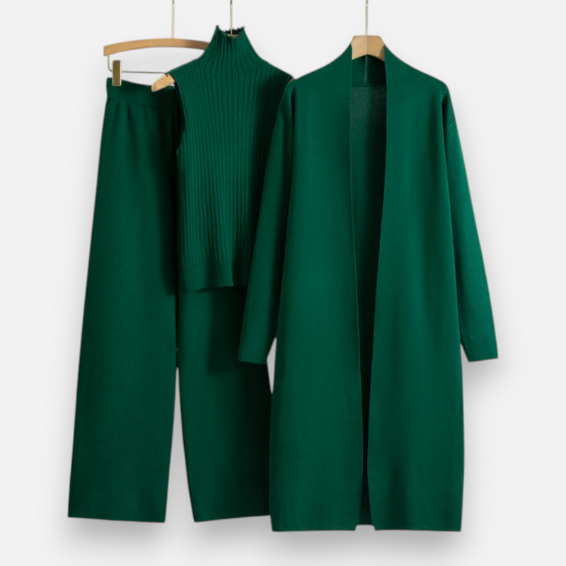 Conjunto de Três Peças de Cardigã em Malha para Mulheres Verde Escuro Tamanho Único