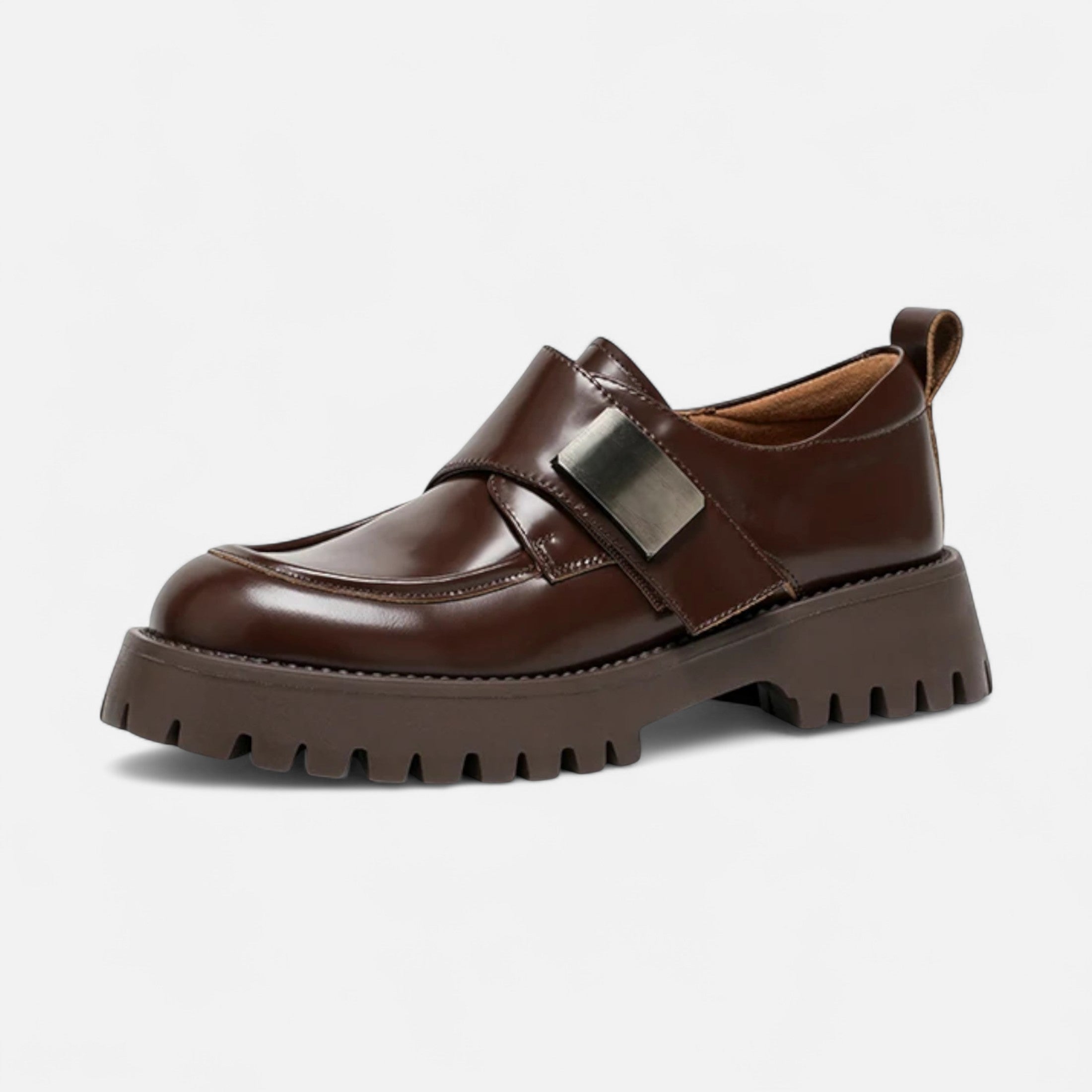 Elegantes Sapatos Derby de Couro Femininos – Sapatilhas com Bico Redondo e Fivela Marrom