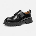 Elegantes Sapatos Derby de Couro Femininos – Sapatilhas com Bico Redondo e Fivela Preto