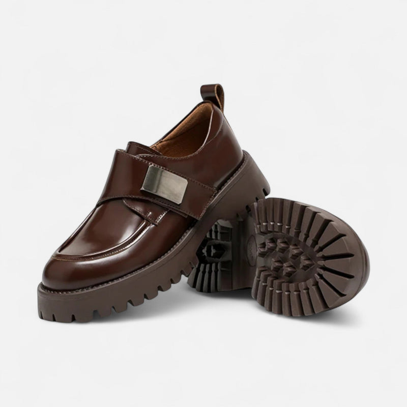 Elegantes Sapatos Derby de Couro Femininos – Sapatilhas com Bico Redondo e Fivela