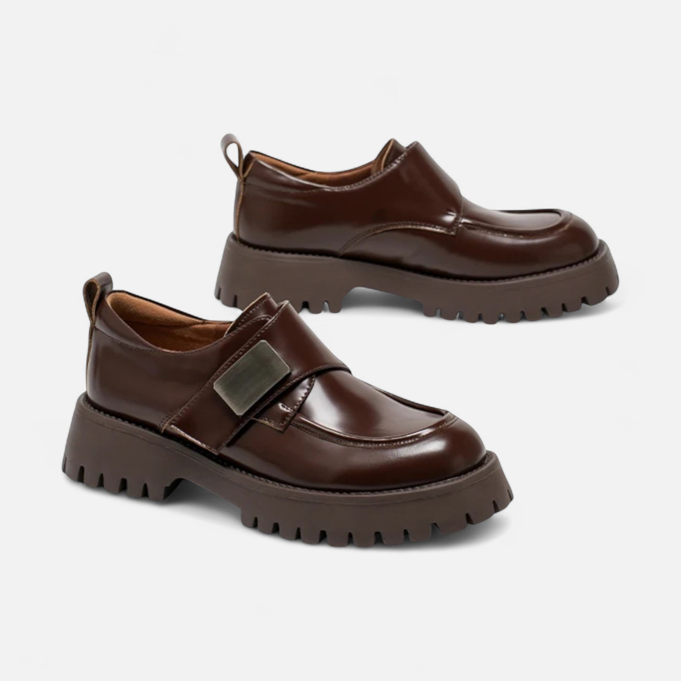 Elegantes Sapatos Derby de Couro Femininos – Sapatilhas com Bico Redondo e Fivela