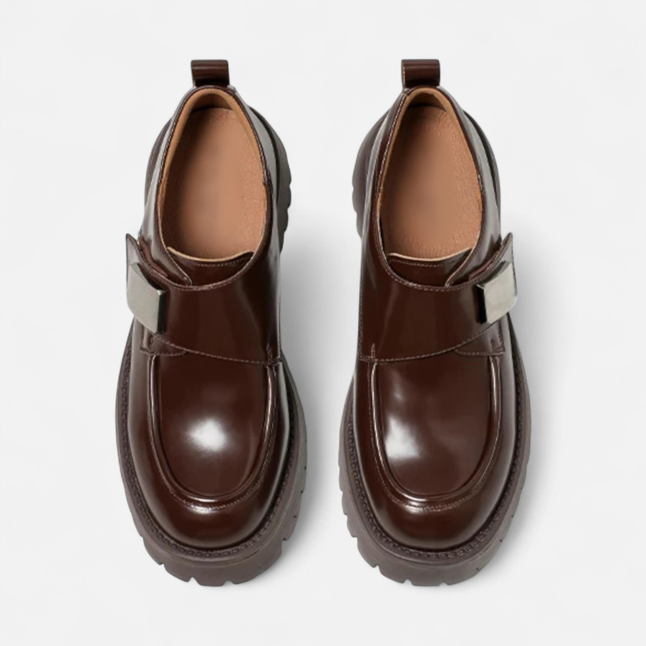 Elegantes Sapatos Derby de Couro Femininos – Sapatilhas com Bico Redondo e Fivela