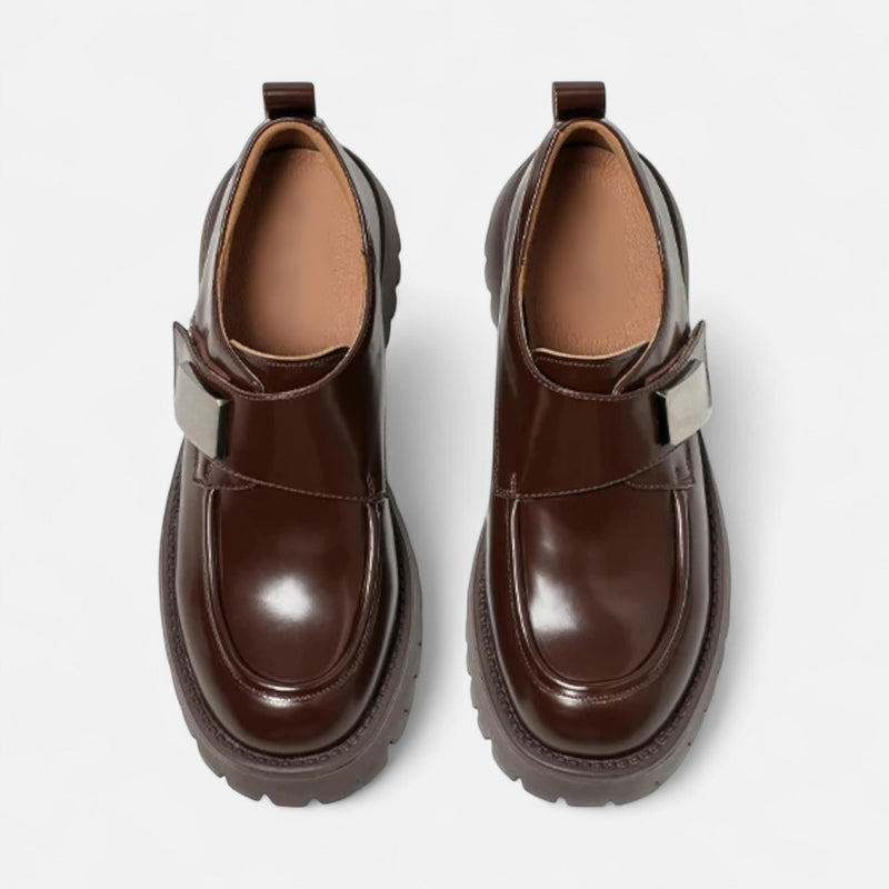 Elegantes Sapatos Derby de Couro Femininos – Sapatilhas com Bico Redondo e Fivela