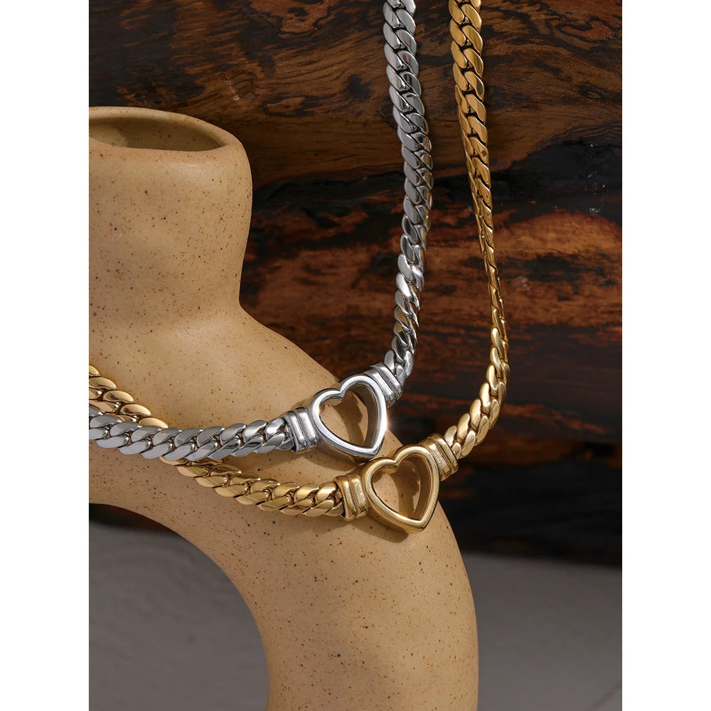 Yhpup Heart Chain Necklace Stainless Steel for Women Fashion Metal Texture Flat Collar Waterproof Necklace Girlfriend Gift